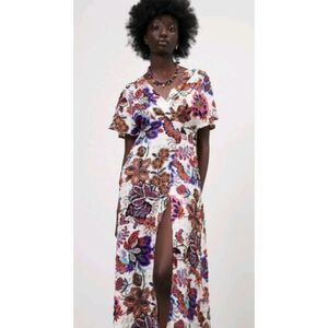 Zara Boho Crinkled Bright Floral Print Cape‎ Sleeve Beach Dress Women's sz Small